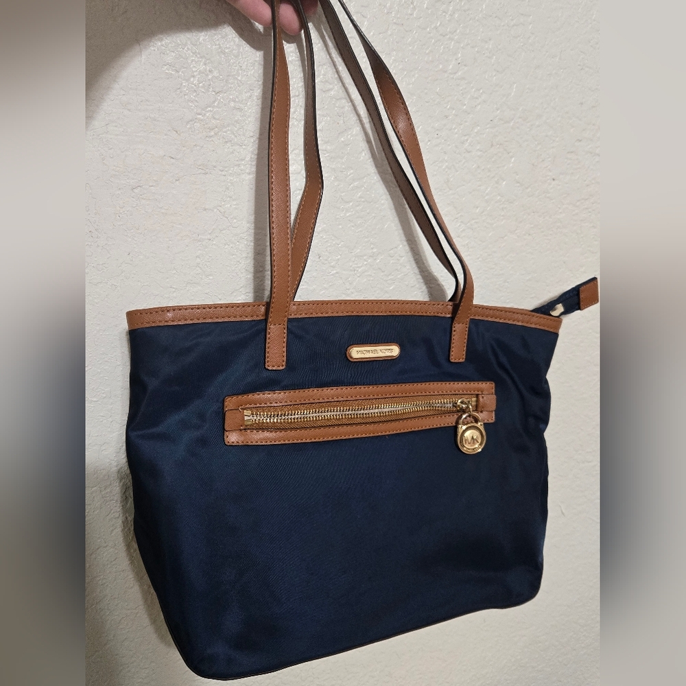 Michael Kors Navy and Tan Tote with Gold Details